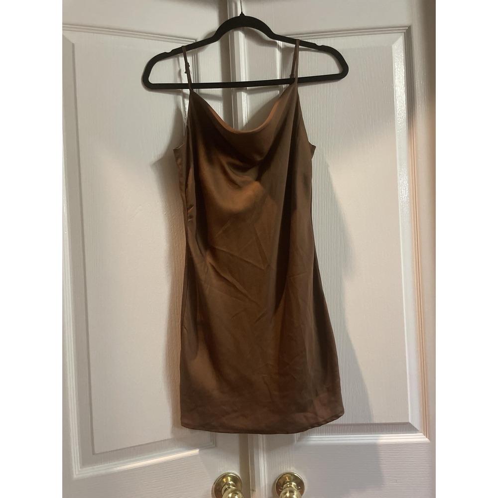 L.A. Hearts Dress Womens S Brown Satin Cowl Neck Slip Mini Lined Spaghetti Strap